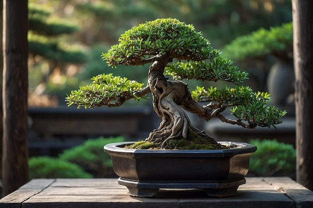 Zdjęcie bonsai z małą kamienną latarnią w pobliżu
