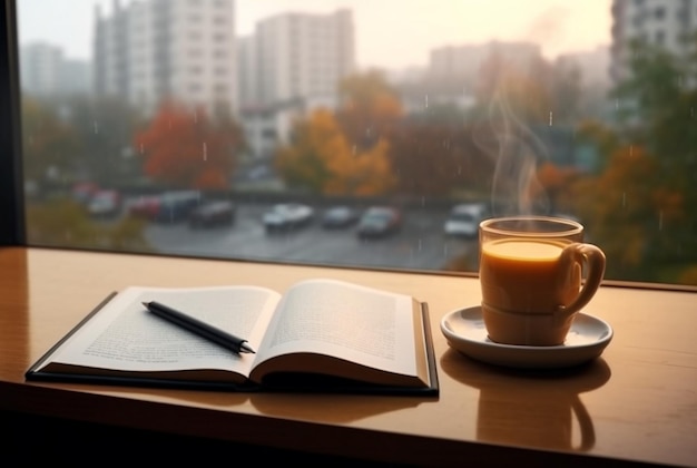 Bookpen z filiżanką kawy przy oknie z generatywną ai piękna widoku miasta