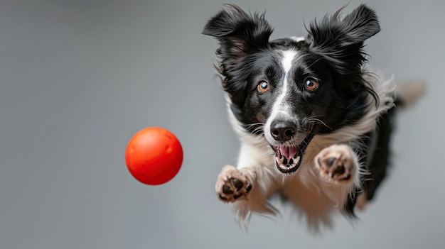border collie caught midair while leaping for a vibrant red ball in a studio