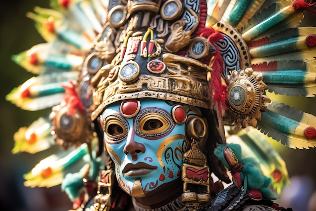 Bóstwo Majów przedstawione na zdjęciu ilustracyjnym w wyszukanych nakryciach głowy i strojach