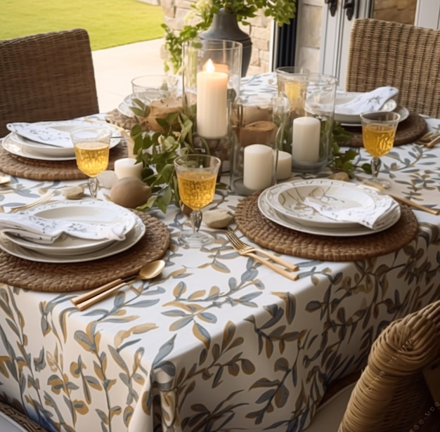 Botaniczny krajobraz stołów wakacyjnych na świeżym powietrzu angielski krajobraz stołu z eleganckim naczyniem stołowym i naczyniami do obiadu na przyjęcie weselne i wydarzenie generatywne ai