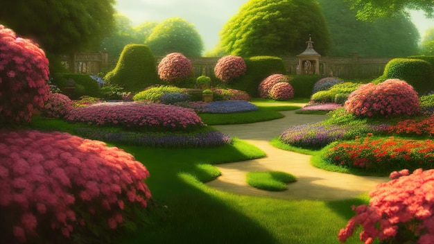 Botaniczny ogród japoński kwitnące różowe drzewa i wiosenne kwiaty Ozdobny ogród krzewy labirynt zielona trawa Festiwal kwiatów ilustracja 3d