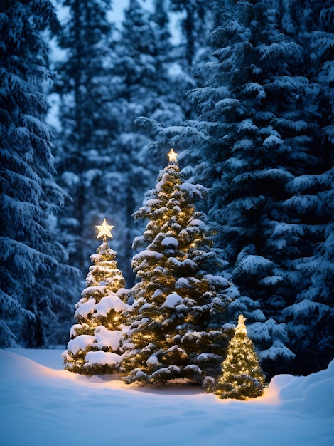 Boże Narodzenie Boże Narodzenie ozdoby choinkowe prezenty gwiazda piłka kolor bałwana tło zbliżenie w śniegu las sosnowy wieczór oświetlenie ilustracja sztuka