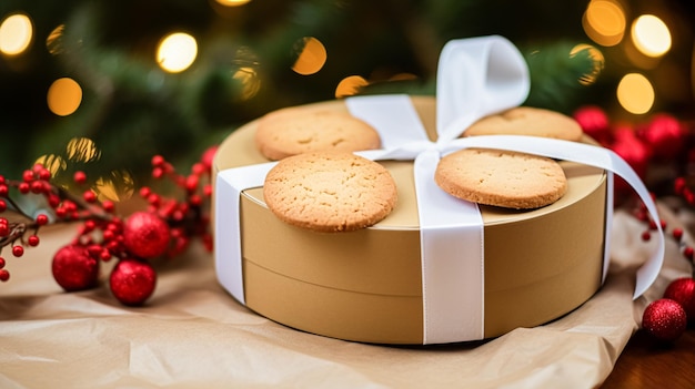 Boże Narodzenie ciasteczka świąteczne pudełko z ciasteczkami prezentem i domowe pieczeni zimne wakacje prezent dla angielskiego herbaty wiejskiej w domku domowy shortbread i przepis na pieczenie