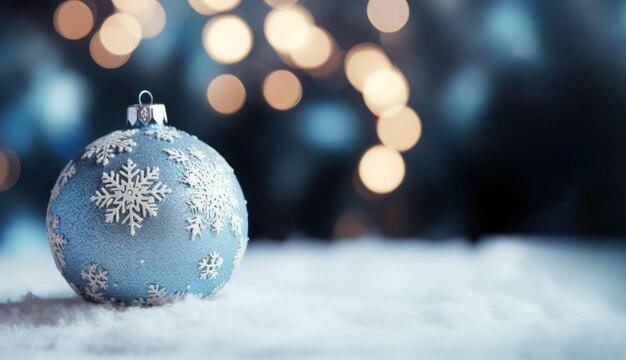 Boże Narodzenie dekoracja bauble niebieski bożonarodzeniowy piłka na śniegu bokeh światła tła kopiować przestrzeń
