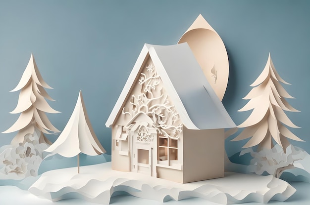 Boże Narodzenie dom na podium papier sztuki stylu ai generowane tło