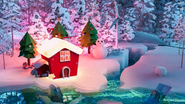 Boże Narodzenie fantazja śnieżne miasto w nocy media społecznościowe post renderowania 3d
