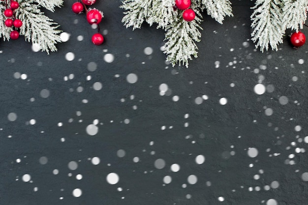 Boże Narodzenie granica z zieloną gałązką choinki i białym śniegiem na bla