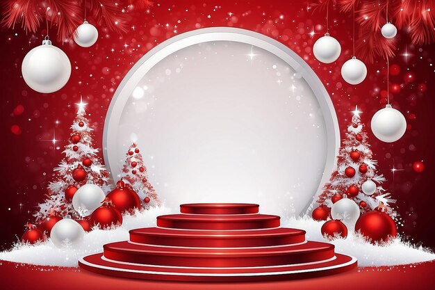 Boże Narodzenie i Nowy Rok na czerwonym tle wektorowym z białym podium i wieczornymi piłkami do projektowania