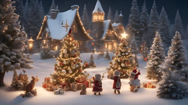 Zdjęcie boże narodzenie i nowy rok na tle z choinką bożego narodzenia święty mikołaj śnieg i domy