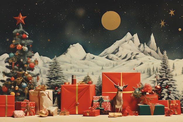 Boże Narodzenie i Nowy Rok na tle z drzewkami świątecznymi, pudełkami z prezentami, płatkami śniegu, gwiezdnym niebem i górami