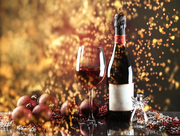 Boże Narodzenie i Nowy Rok Świętowe dekoracje butelka czerwonego wina i szkło na ciemnym tle Szczęśliwy Nowy Rok i Boże Narodzenie Bokeh lekki miękki efekt