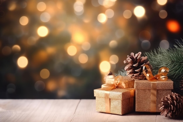 Boże Narodzenie i nowy rok tła pudełka na prezenty i szyszki sosnowe i gałęzie na tle bokeh girlandy kopii przestrzeni