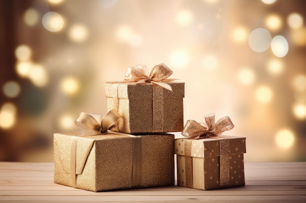 Boże Narodzenie i nowy rok tła pudełka na prezenty i szyszki sosnowe i gałęzie na tle girlandy bokeh