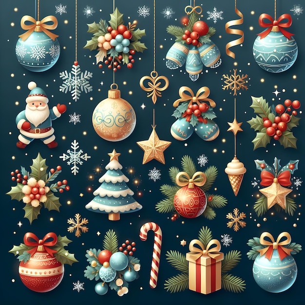 Boże Narodzenie i Nowy Rok tło z piłkami śnieżki cukierki laski płatki śniegu gałęzie sosny gwiazdy