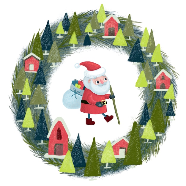 Boże Narodzenie ilustracja. Cute baby Santa Claus z torbą prezentów i laską w ręku i wieniec z domami. Na białym tle
