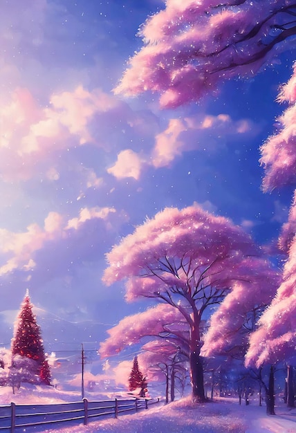 Boże Narodzenie ilustracja krajobraz piękna zimowa sceneria z choinkami i śniegiem
