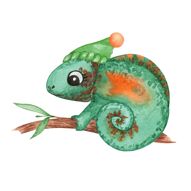 Boże Narodzenie kameleon Stockowa ilustracja, ładny kameleon akwarela clipart, nowy rok zwierzęta wystrój