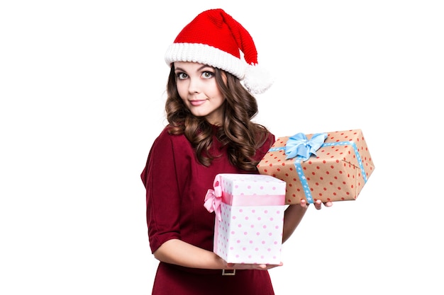 Boże Narodzenie kobieta w kapeluszu santa z prezentami
