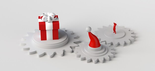 Boże Narodzenie koncepcja z biegami, prezentem i santa hat. Miejsce do kopiowania. Ilustracja 3D.