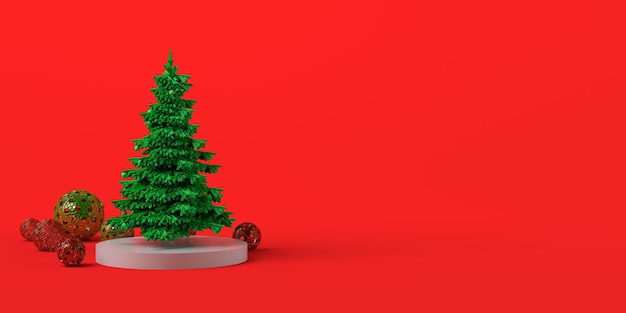 Boże Narodzenie koncepcja z drzewem i kulkami. Skopiuj miejsce. Ilustracja 3D.