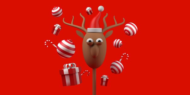 Boże Narodzenie koncepcja z prezentami kulki laski cukierków i renifer Świętego Mikołaja