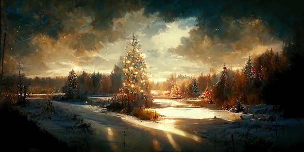 Boże Narodzenie krajobraz. Cyfrowa ilustracja. Obraz. Piękny scenariusz