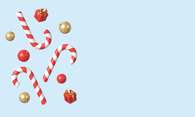 Boże Narodzenie laski cukierków, kulki i małe pudełka na prezenty na niebieskim tle. renderowania 3D.