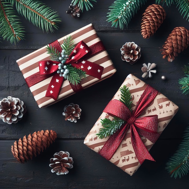 Boże Narodzenie na białym tle z dwoma zapakowanymi prezentami, gałązkami jodły i szyszkami