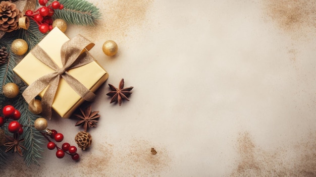 Boże Narodzenie na jasnozłotym tle z pięknym złotym pudełkiem z czerwoną wstążką, szyszkami, gałęziami jodły i świątecznymi ciasteczkami