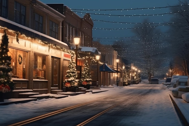 Zdjęcie boże narodzenie na świeżym powietrzu zimą śnieżna ulica z światłem w domach w nocy świąteczna scena w mieście