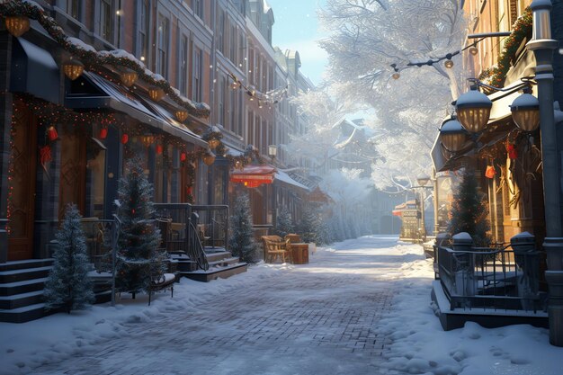 Zdjęcie boże narodzenie na świeżym powietrzu zimą śnieżna ulica z światłem w domach w nocy świąteczna scena w mieście