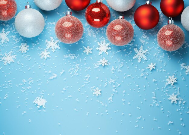 Boże Narodzenie na tle z czerwonymi i srebrnymi kulkami i płatkami śniegu na niebieskim