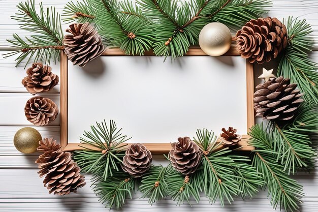 Boże Narodzenie na tle z sosną gałązką i dekoracjami drzew Bożego Narodzenia na drewnianej ramie