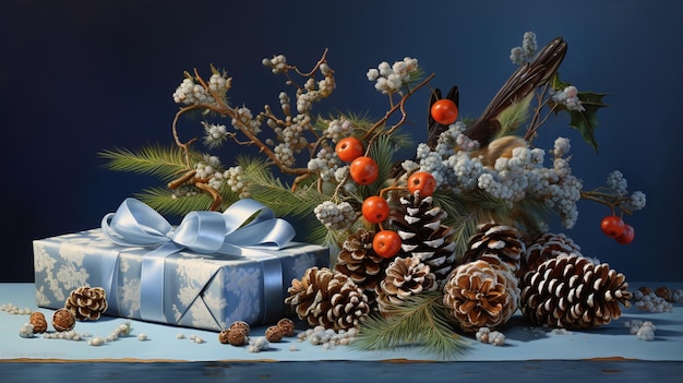 Boże Narodzenie naczynia niebieski prezent na niebieskim tle