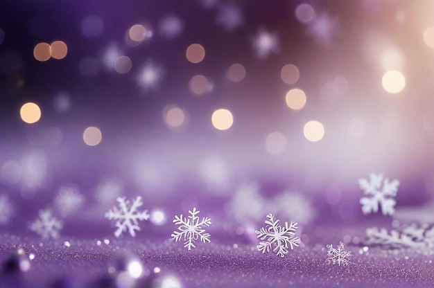 Boże Narodzenie niewyraźne tło złożonych rozmytych dużych i małych spadających płatków śniegu w fioletowych kolorach