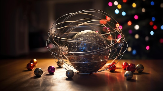 Zdjęcie boże narodzenie nowy rok drzewo błyszcząca piłka zabawka czarne tło izoluje jasne światła baner nagłówka