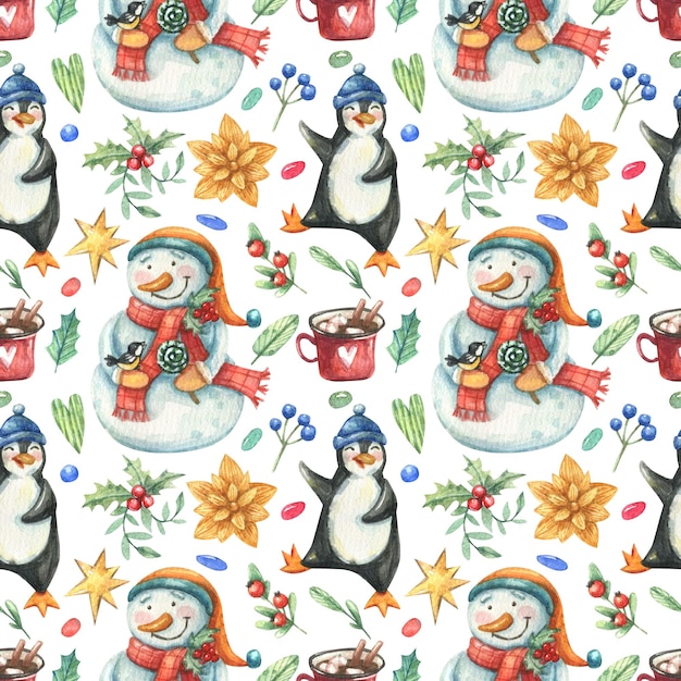 Zdjęcie boże narodzenie, nowy rok wzór z bałwanami z kreskówek, pingwinami i świątecznym wystrojem.