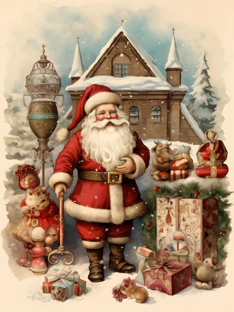Boże Narodzenie pozdrowienia projekt tła karty Santa choinka zima renifer Generative AI