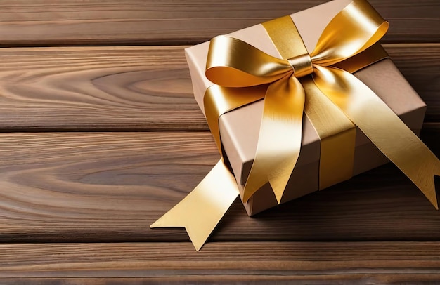 Boże Narodzenie pudełko z złotym łukiem na drewnianym tle