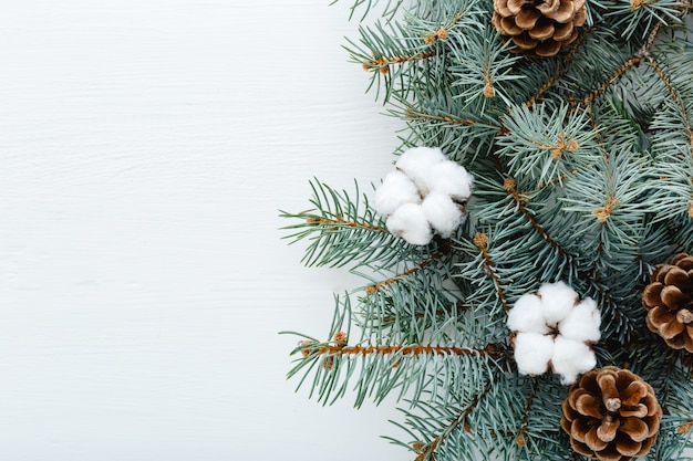 Boże Narodzenie ramki gałęzie jodły bawełniane guzy na białym tle kopia przestrzeń. Zero waste Xmas