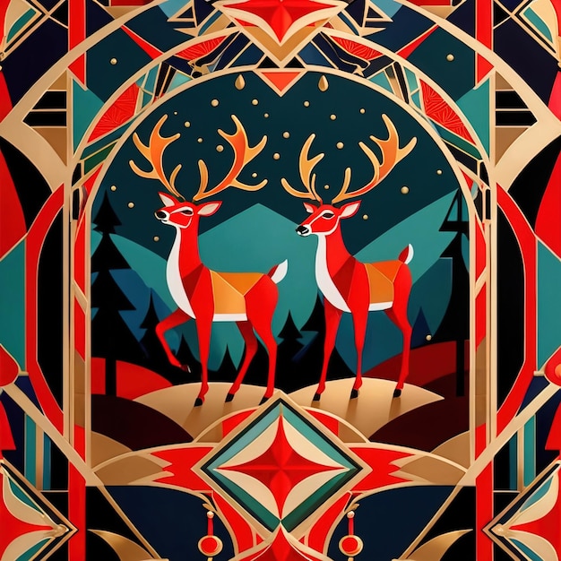 Boże Narodzenie renifery wakacje sezonowe tradycyjna dekoracja vintage art deco ilustracja