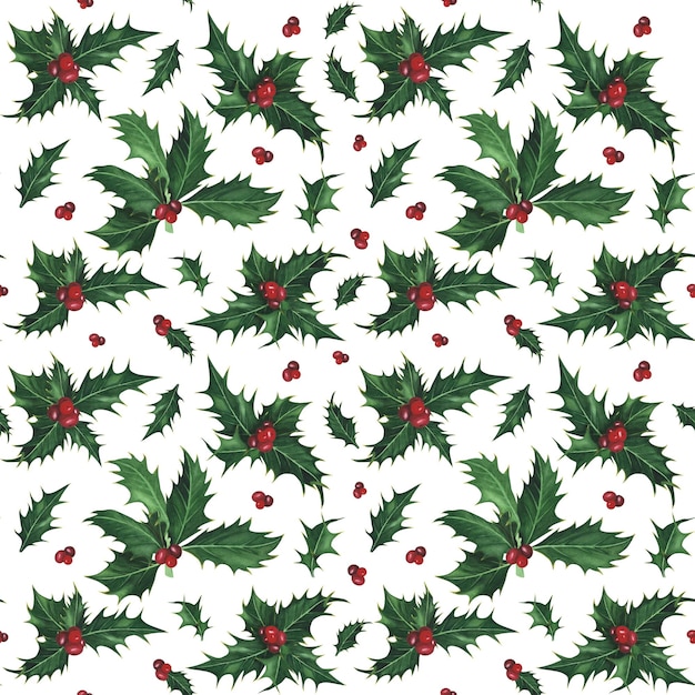 Boże Narodzenie roślina ostrokrzew bezszwowy wzór na białym tle Akwarela ręcznie rysowane ilustracja Sztuka do projektowania