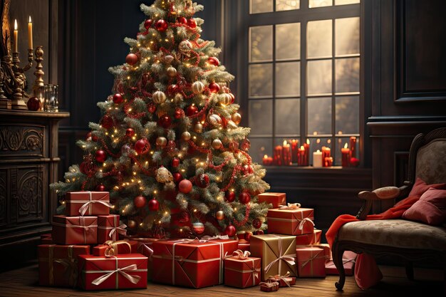 Zdjęcie boże narodzenie świąteczny nastrój i prezent choinki z dekoracjami