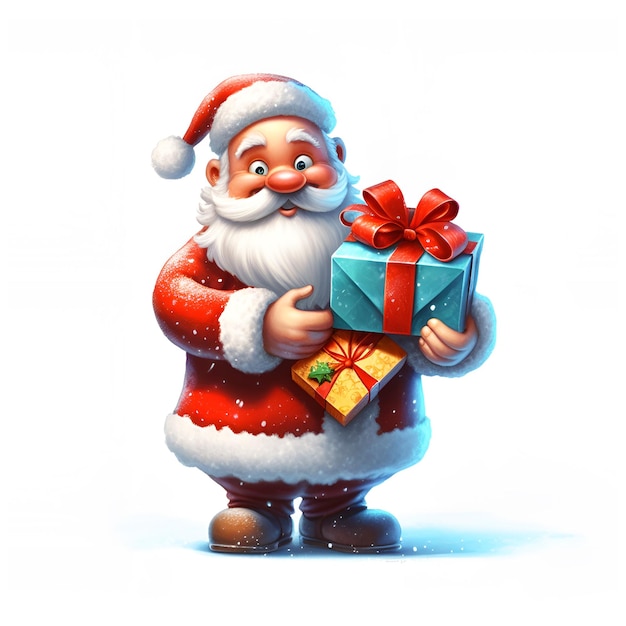 Boże Narodzenie Święty Mikołaj z torbą na prezenty i trzymając czerwone pudełko