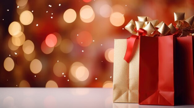 Boże Narodzenie torby zakupów wypełnione prezentami na niewyraźny bokeh świąteczny baner tła