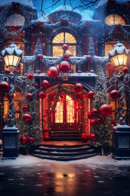 Boże Narodzenie w tle Ozdobiony śnieżny dom bożonarodzeniowy
