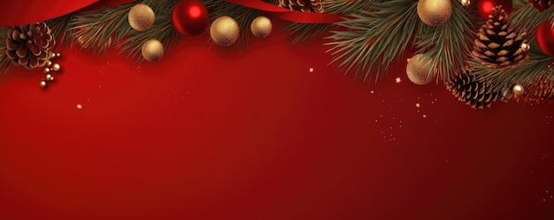 Boże Narodzenie z gałęziami sosny i ozdobą na czerwonym banerze Generative ai
