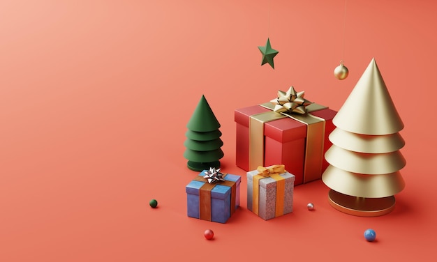Boże Narodzenie zestaw dekoracji i ozdoby ze złotym kolorowym pudełkiem prezentowym choinki i płatkiem śniegu na czerwonym tle. Wakacyjny festiwal i koncepcja obiektu minimalizmu. Renderowanie ilustracji 3D