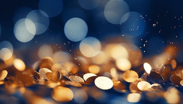 Boże Narodzenie złote cząstki światła bokeh na ciemno niebieskim tle z złotą teksturą folii
